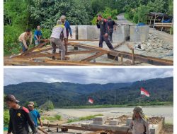 Kodim 0108/Agara Bersama Warga Gotong Royong Bangun Jembatan Gantung Perintis Garuda di Desa Kumbang Jaya, Aceh Tenggara
