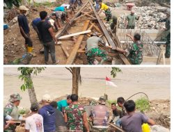 Kodim 0108/Aceh Tenggara Pasang Tiang Pylon Jembatan Gantung di Desa Kati Maju, Aceh Tenggara