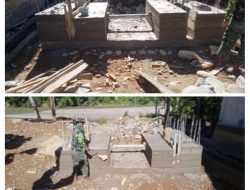 Kodim 0108/Agara Bersama Warga Gotong Royong Cor Pondasi Tiang Utama Jembatan Gantung di Desa Kuning Abadi, Aceh Tenggara