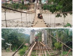 Kodim 0108/Agara Pasang Papan Lantai Jembatan Gantung, di Desa Buntul Kendawi Aceh Tenggara