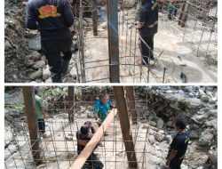 Kodim 0108/Agara Rakit Besi Pondasi Tiang Pylon Jembatan Gantung Perintis di Desa Jambur Mamang Aceh Tenggara