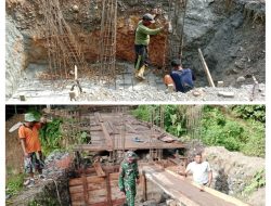 Kodim 0108/Agara Rakit Besi dan Pasang Bekisting Pondasi Jembatan Beton di Desa Lawe Sikap 1, Aceh Tenggara