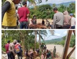 Kodim 0108/Agara Pasang Besi Pylon Jembatan Gantung di Ds. Kati Maju, Aceh Tenggara