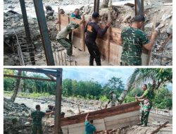 Kodim 0108/Agara Pasang Papan Mal Pondasi Tiang Pylon Jembatan Gantung di Ds. Jambur Mamang, Aceh Tenggara
