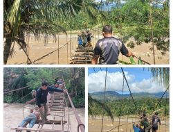 Kodim 0108/Agara dan Teknisi Pasang Besi Penahan Lantai Jembatan Gantung di Ds. Makmur Jaya, Aceh Tenggara
